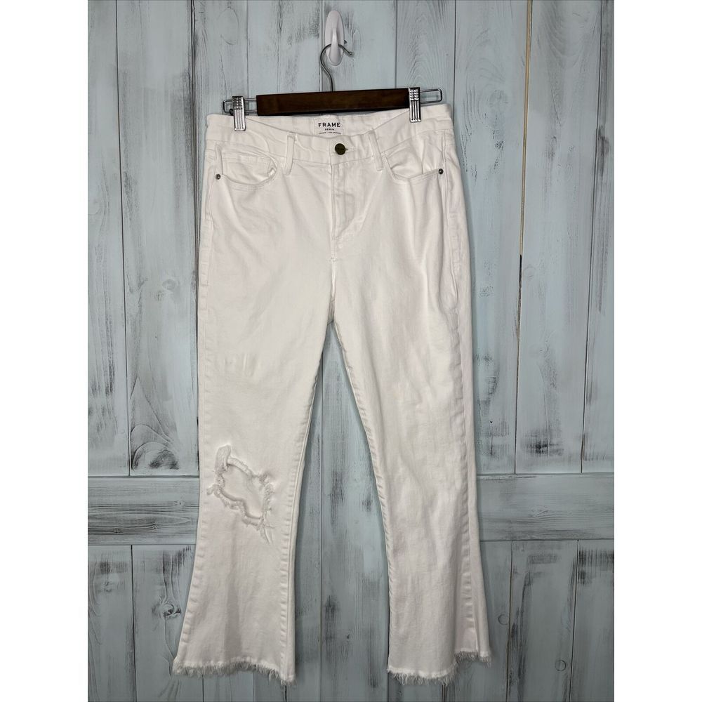 WOMENS FRAME WHITE LE CROP MINI BOOT DISTRESSED COTTON ELASTANE STRETCH JEANS 28